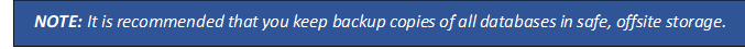 NOTE: 	It is recommended that you keep backup copies of all databases in safe, offsite storage.