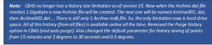 Note: CBAS no longer has a history size limitation as of version 15. Now when the Archive.dat file reaches 1 Gigabyte a new Archive file will be created. The next one will be named Archive001. dat, then Archive002.dat ... There is still only 1 Archive.mdb file. So, the only limitation now is hard drive space. All of this history (from all files) is available online all the time. Removed the Purge history option in CBAS (and auto purge). Also changed the default parameter for history saving of points from 15 minutes and 3 degrees to 30 seconds and 0.5 degrees.
Note: CBAS no longer has a history size limitation as of version 15. Now when the Archive.dat file reaches 1 Gigabyte a new Archive file will be created. The next one will be named Ar-chive001. dat, then Archive002.dat ... There is still only 1 Archive.mdb file. So the only limitation now is hard drive space. All of this history (from all files) is available online all the time. Re-moved the Purge history option in CBAS (and auto purge). Also changed the default parameter for history saving of points from 15 minutes and 3 degrees to 30 seconds and 0.5 degrees.